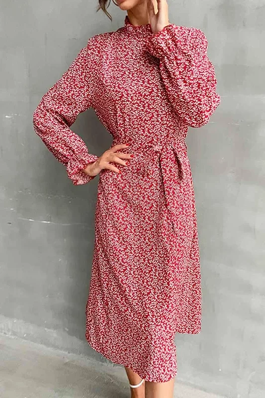 Low Prices FLORAL HIGH NECK FRILL RIBBED LONGSLEEVE DRESS