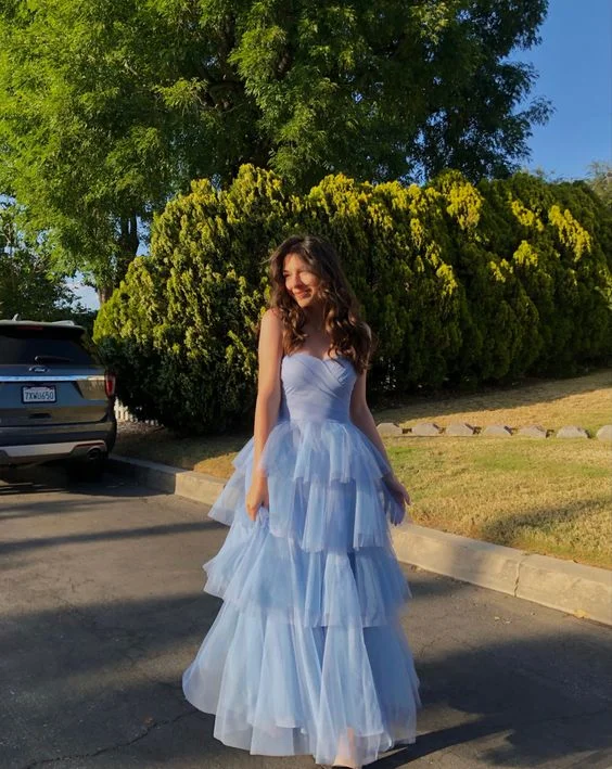 Anniversary Sale Sky Blue A-Line Strapless Tulle Long Prom Dress Evening Gown,DP1835