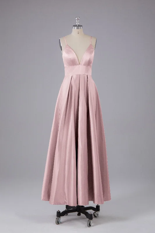 Lowest Price Satin Spaghetti Straps Backless Long Bridesmaid Dress