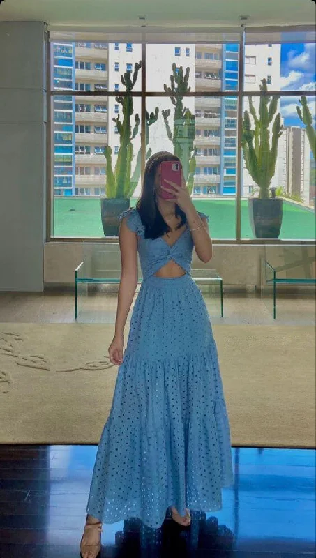 Year-End Clearance Blue A-Line Cute Long Party Dress Wedding Guest Dress,DP1988