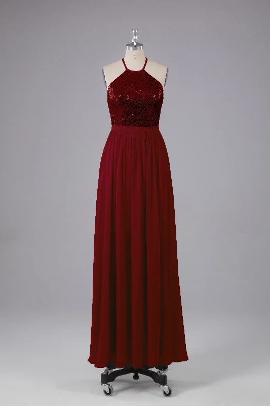 Now or Never Elegant Halter Sequins Long Bridesmaid Dress