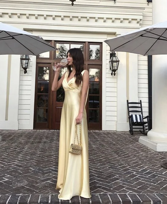 Mega Deal Light Yellow A-Line Satin Long Party Dress,DP1783