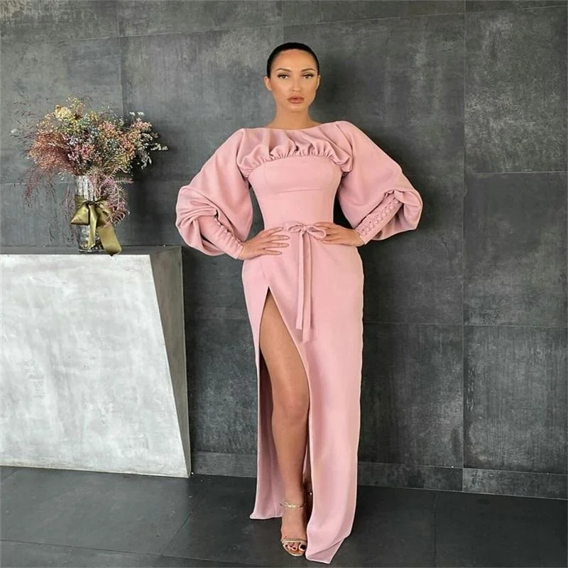 Mega Sale Side Split Prom Dresses Elegant Satin Button Long Sleeves Mermaid Evening Dress Ruched Formal Pageant Dress Custom Made Sweep Train,DS4761