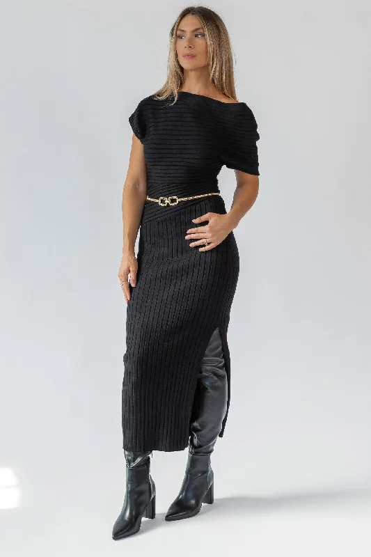 Markdown Madness Nori Black Off Shoulder Midi Dress - Final Sale