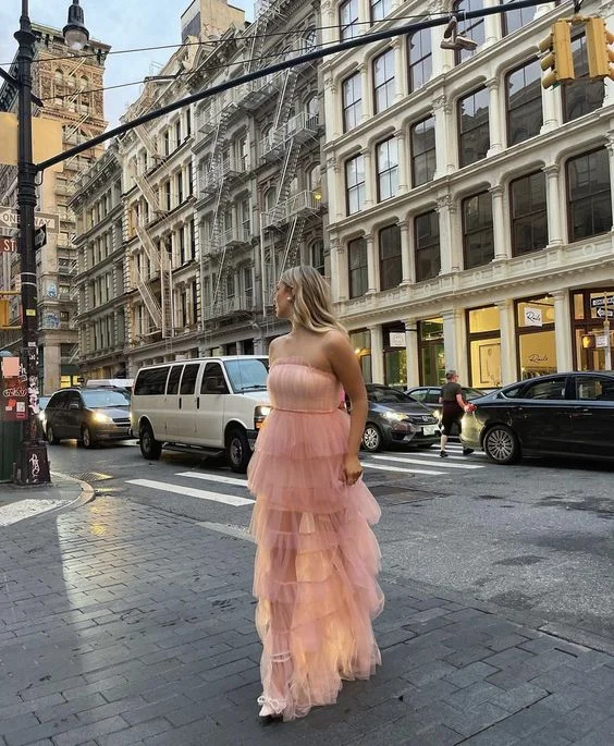 Mega Deal Pink Strapless Tulle Tiered A-Line Long Party Dress,DP1833