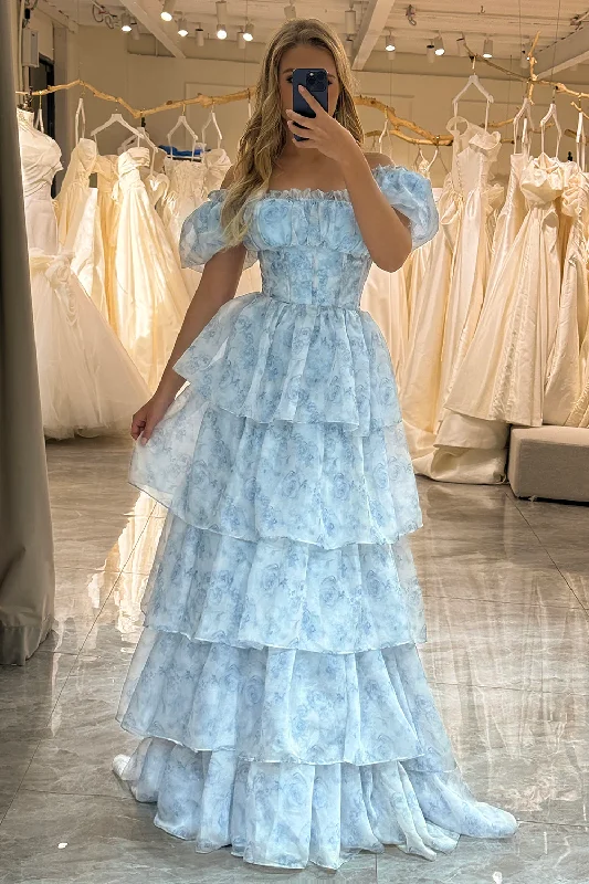 Year-End Sale Pale Blue A-Line Layers Chiffon Long Party Dress Evening Gown,DP1807