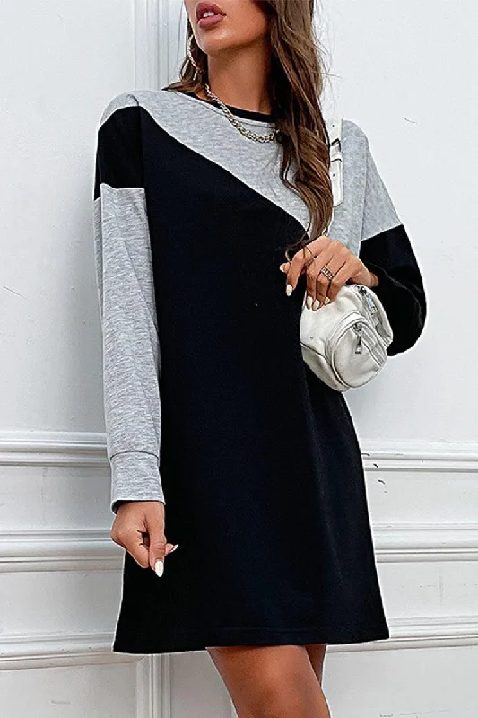 Seasonal Clearance TWO TONE COLORED LONG SLEEVE CASUAL DRESS