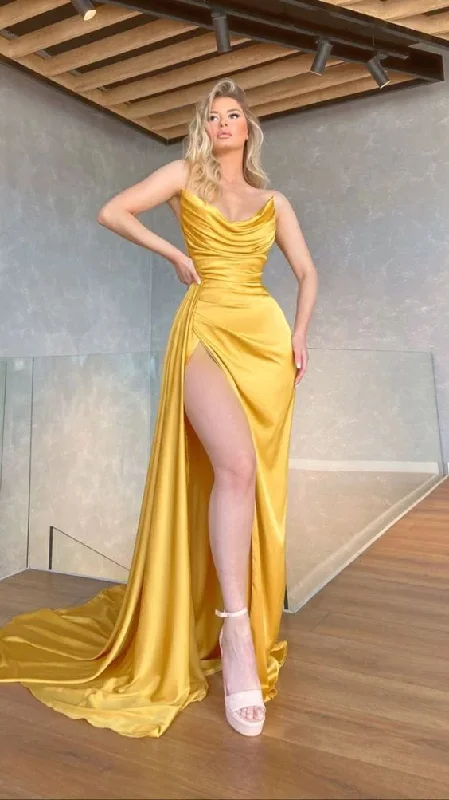 Weekend Special Yellow Sexy V-Neck Long Formal Prom Dress , Mermaid Evening Dress, Strapless High Side Split, Prom Dresses for Celebrity Party Gowns,DS4770