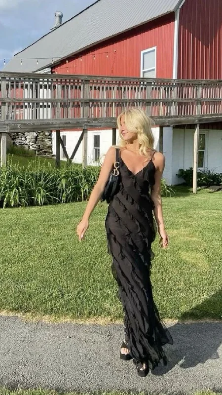 Year-End Clearance Black Spaghetti Straps Ruffle Mermaid Long Party Dress Wedding Guest Dress,DP1893