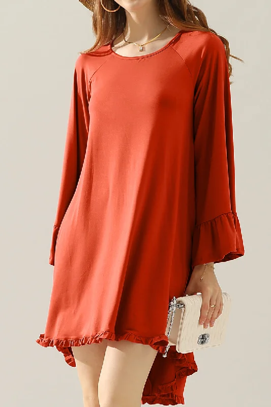 Huge Savings RUFFLE DETAIL LONG SLEEVE DRESS WITH SIDE POCKET