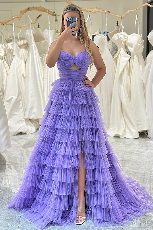 Weekend Deal Purple A-Line Spaghetti Straps Tulle Tiered Long Prom Dress with Slit,DP1871