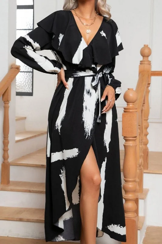 Unbeatable Prices WOMEN ART PRINT LONG SLEEVE SPLIT SWING DRESS