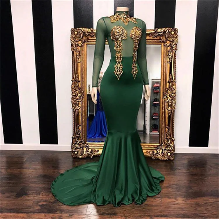Online Only Dark Green Mermaid Prom Dresses Sexy Illusion Top Gold Appliques Sheer Long Sleeve High Neck Evening Gowns ,DS4451