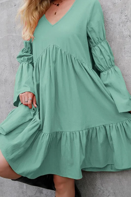 New Deals LONG SLEEVE RUFFLED MIDI DRESS