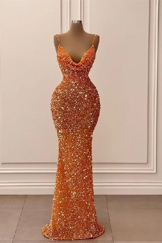 Final Clearance Orange V-Neck Mermaid Spaghetti-Straps Long Prom Dress With Sequins,DS4511