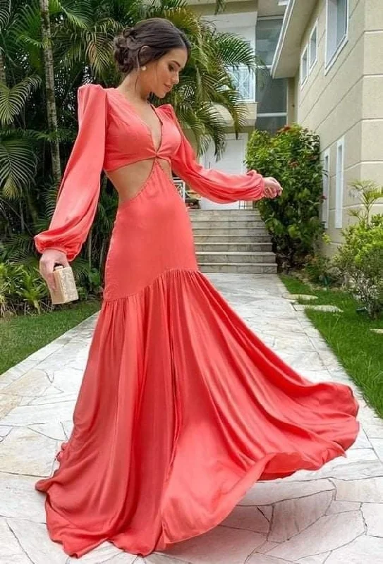 Special Discount Coral Long Sleeves V Neck Long Party Dress Evening Dress,DP1809
