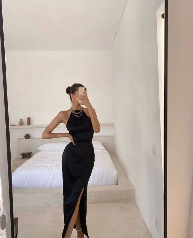 Seasonal Clearance Black halter slik satin long prom dresses with split,DS3951