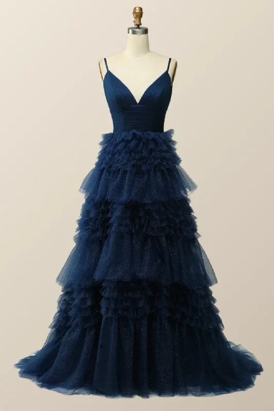 Midnight Madness Navy Blue A-Line Tiered Ruffles Long Party Dress Ball Gown,DP1812