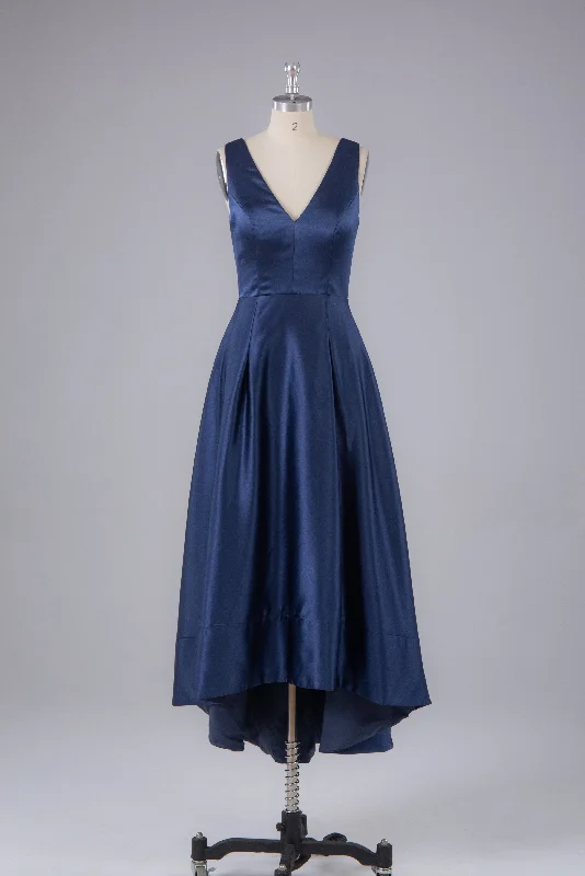 Online Specials A Line Formal Satin V Neck High-Low Prom Dress