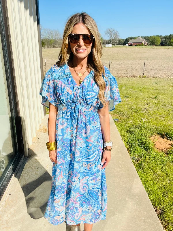 Bonus Savings SPRING FORWARD MIDI DRESS- BLUE MIX