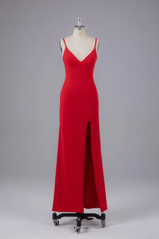One-DAY Sale Sheath Red Spaghetti Straps V Neck Floor Length Prom Dress