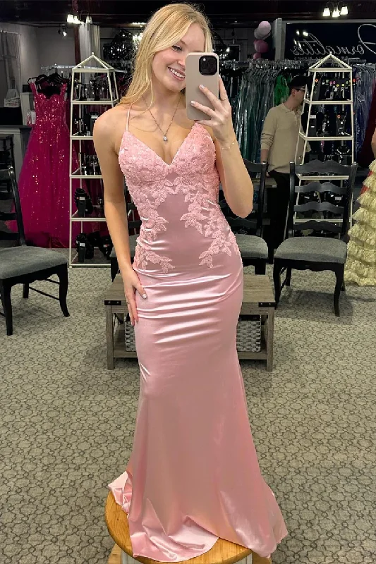 Price Cut Pink Straps Appliques Mermaid Formal Long Party Dress, DP2010