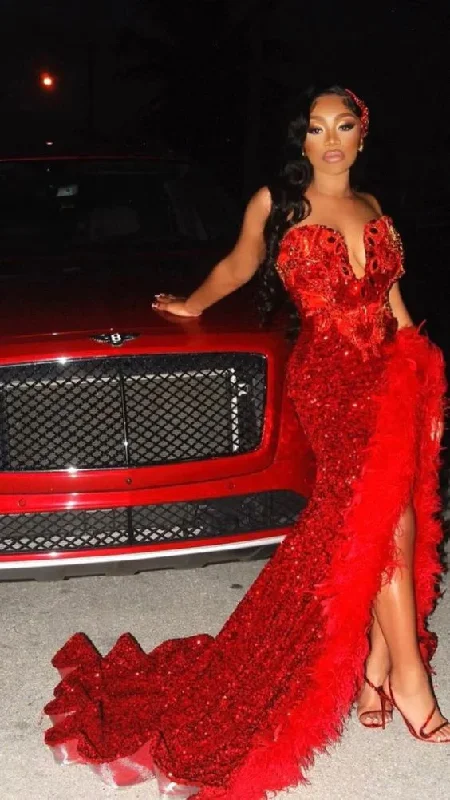 Price Drop Black Girl Sexy Sequins Red V Neck Long Prom Dress with Feather, BL18609