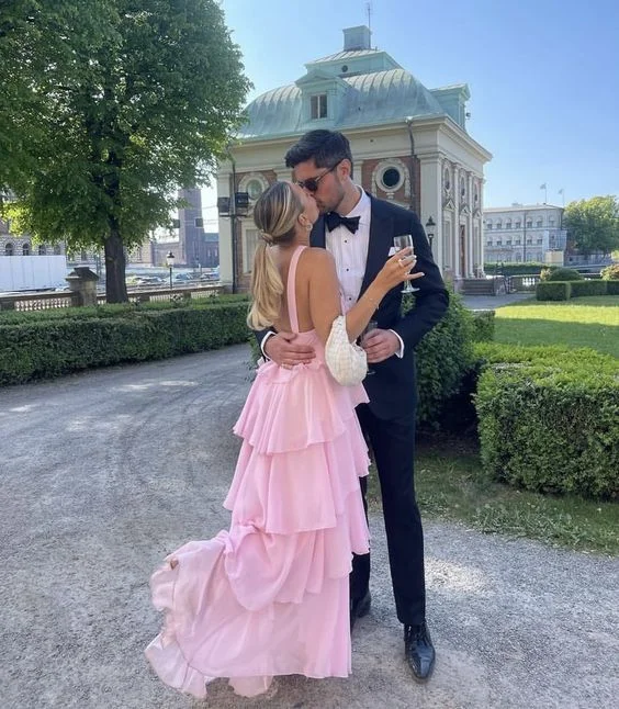Markdowns Elegant Pink Chiffon A-Line Layers Backless Long Party Dress,DP1940