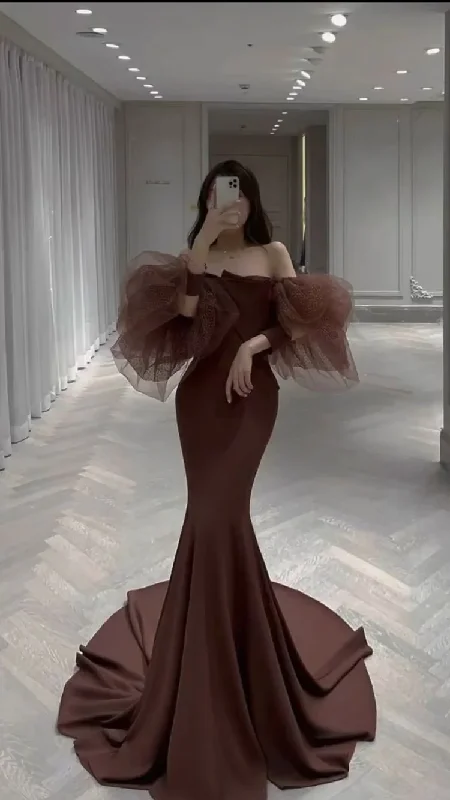 Blowout Sale Simple Mermaid Prom Dress Strapless Evening Dress Tulle Sleeves,DS4536