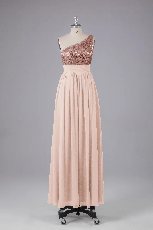 Super Bargain Beautiful  Sequins One-Shoulder Bridesmaid Dress with Pockets