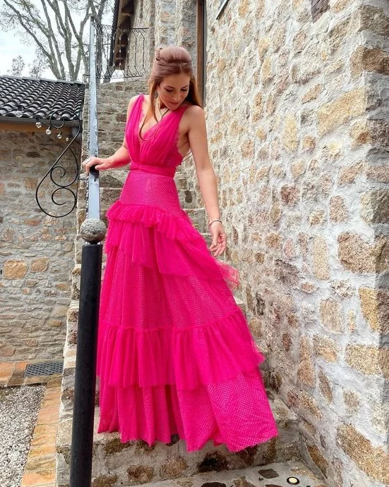 Savings Galore Hot Pink A-Line V Neck Backless Long Party Dress Evening Dress,DP1810