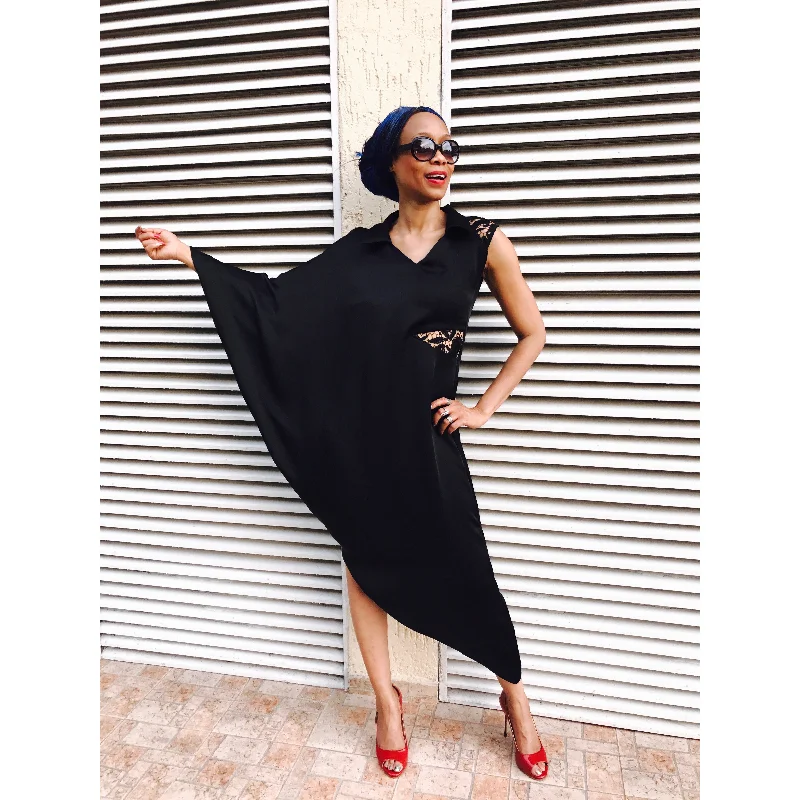 Shop and Save BLACK SARI KAFTAN DRESS, WITH LACE DETAIL