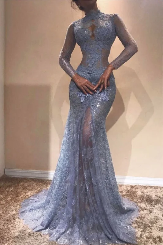 Deal Zone Long Sleeves Lace-Appliques Prom Dresses | High Neck Mermaid Evening Gowns,DS4525