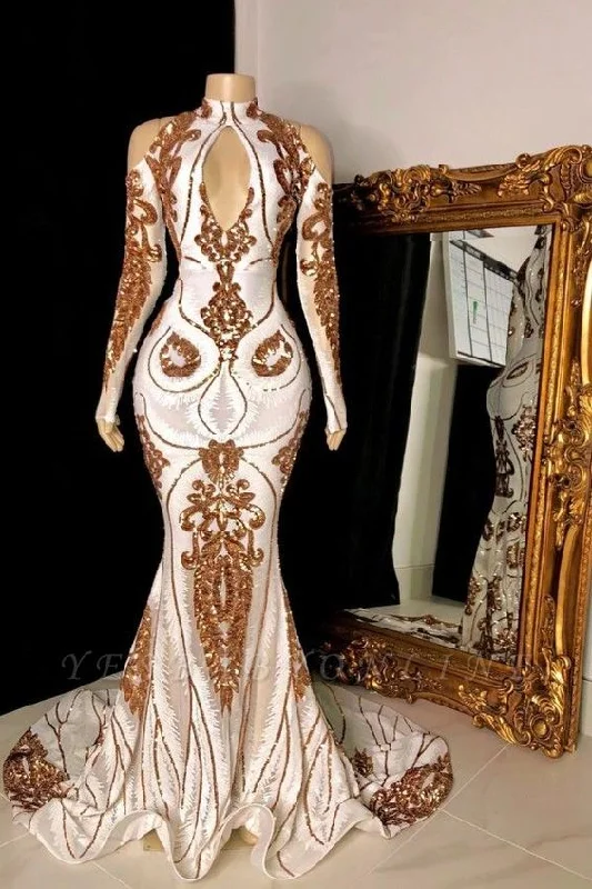 Epic Deals White and Gold High Neck Keyhole Long Sleeves Mermaid Prom Dresses,DS4616