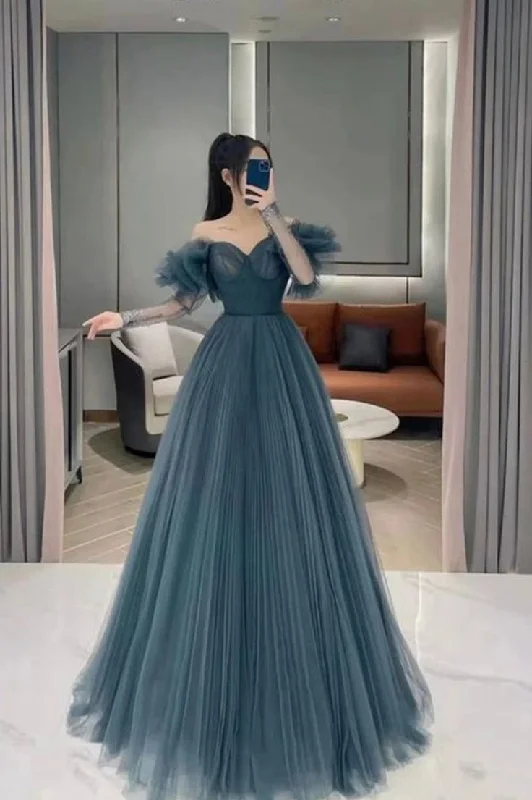 Unbeatable Prices Blue tulle long prom dress A line evening dress,DS4790