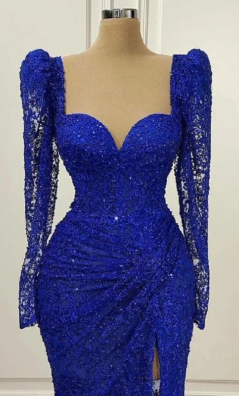 Limited Availability Royal Blue Vintage Prom Dress Long Sleeves Evening Dress  ,DS4609
