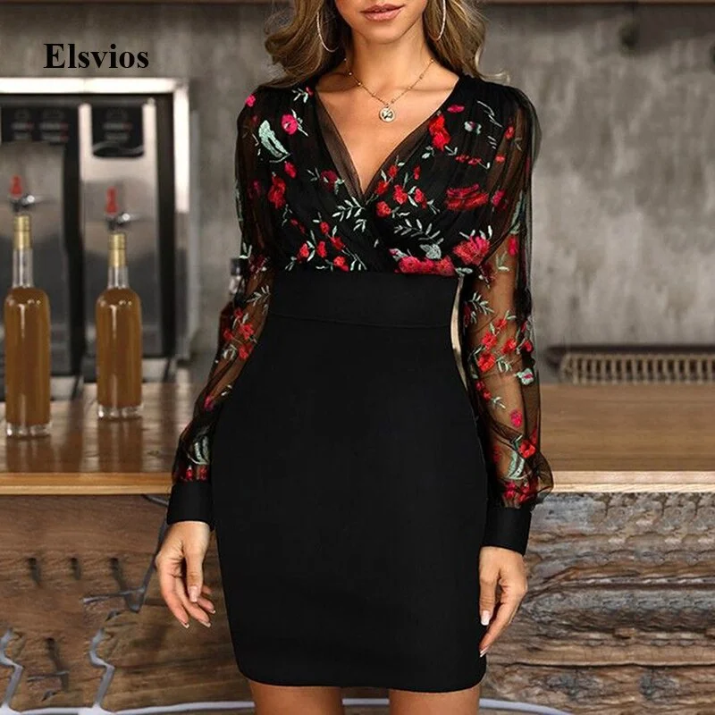 Don’t Miss Out Back to College Spring Floral Embroidery Lace Mesh Mini Dress Women Sexy V-Neck Slim Party Dresses Fashion Vintage Long Sleeve Office Lady Dress
