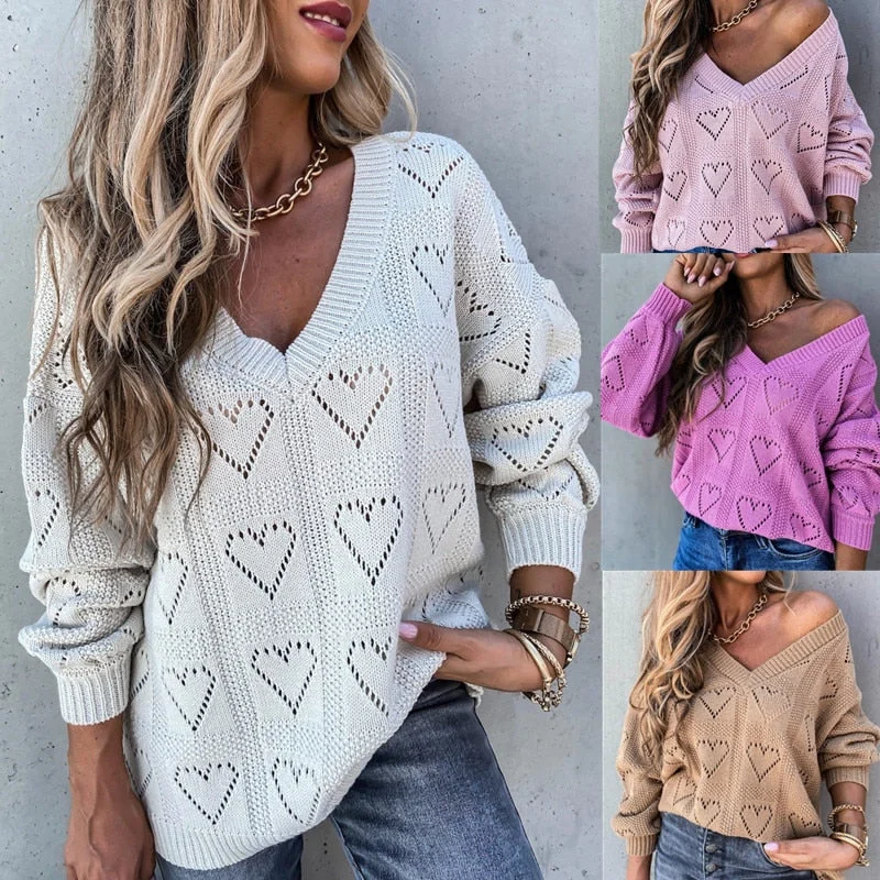 Price Drop Awakecrm Joskaa Casual Solid Color Sweater Women Jumper Pullover Tops Fashion Lady Hollow Out Heart Shape V Neck Ribbed Knitted Sweaters S-2XL