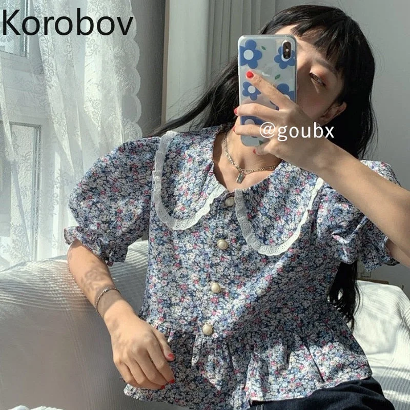 Sneak Peek Sale Christmas Gift Korobov Korean Print Peter Pan Collar Women Blouses Vintage Puff Sleeve Single Breasted Female Shirts Sweet Chic Mujer Blusas Sneak Peek Sale Christmas Gift Korobov Korean Print Peter Pan Collar Women Blouses Vintage Puff Sleeve Single Breasted Female Shirts Sweet Chic Mujer Blusas