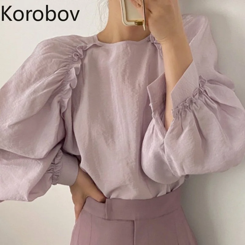 Seasonal Clearance Christmas Gift Korobov Vintage O Neck Lantern Sleeve Shirts Korean Chic Ruffles Solid Elegant Blusas Mujer Office Lady Blouses Tops Seasonal Clearance Christmas Gift Korobov Vintage O Neck Lantern Sleeve Shirts Korean Chic Ruffles Solid Elegant Blusas Mujer Office Lady Blouses Tops
