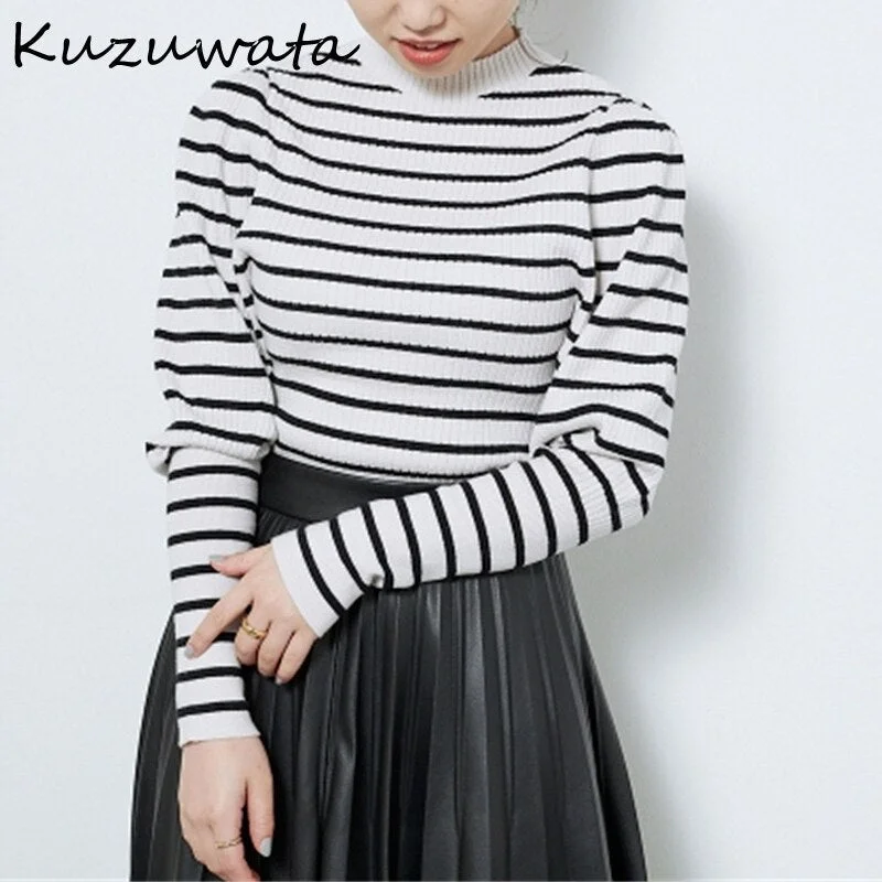 Limited Edition Awakecrm Christmas Gift Kuzuwata  Autumn New Women Sweaters Japanese Commuter Pullover Round Neck Long Sleeved Slim Stripe Solid Knitting Jumpers