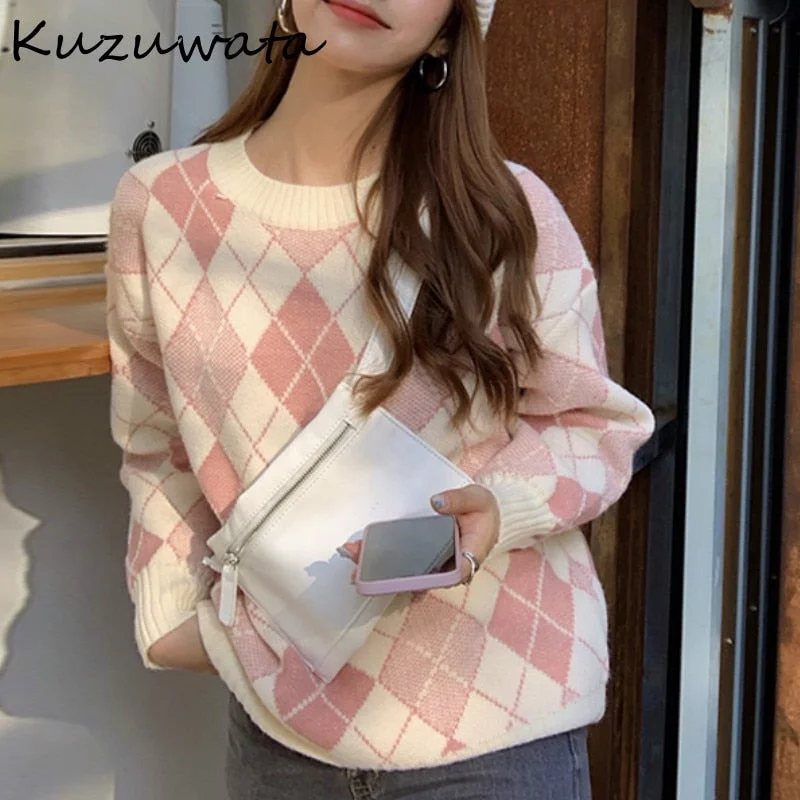 Limited Quantity Awakecrm Christmas Gift Kuzuwata Fashion Panelled Plaid Women Pullovers Autumn Winter Warm Chic Fresh Knit Sweaters New Loose O Neck Coat 1H870 Limited Quantity Awakecrm Christmas Gift Kuzuwata Fashion Panelled Plaid Women Pullovers Autumn Winter Warm Chic Fresh Knit Sweaters New Loose O Neck Coat 1H870