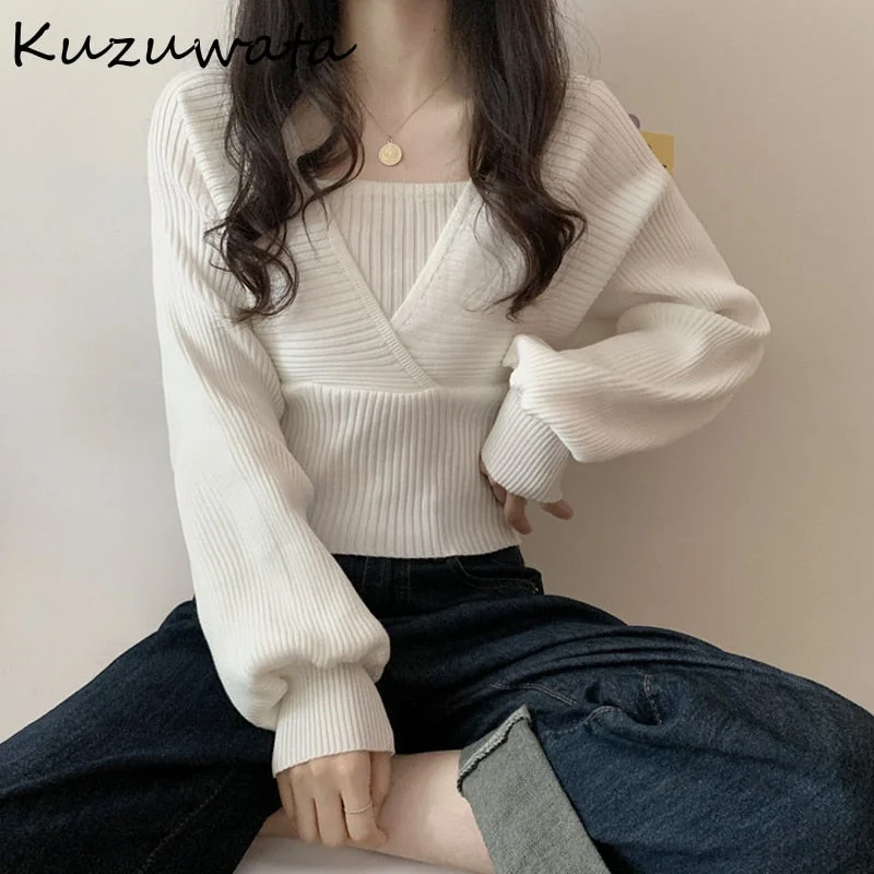 Grand Opening Sale Awakecrm Christmas Gift Kuzuwata New Design Fake Two Piece Women Pullovers Autumn Winter Solid Bottoming Sweaters Aesthetic Puff Sleeve Knit Coat Grand Opening Sale Awakecrm Christmas Gift Kuzuwata New Design Fake Two Piece Women Pullovers Autumn Winter Solid Bottoming Sweaters Aesthetic Puff Sleeve Knit Coat