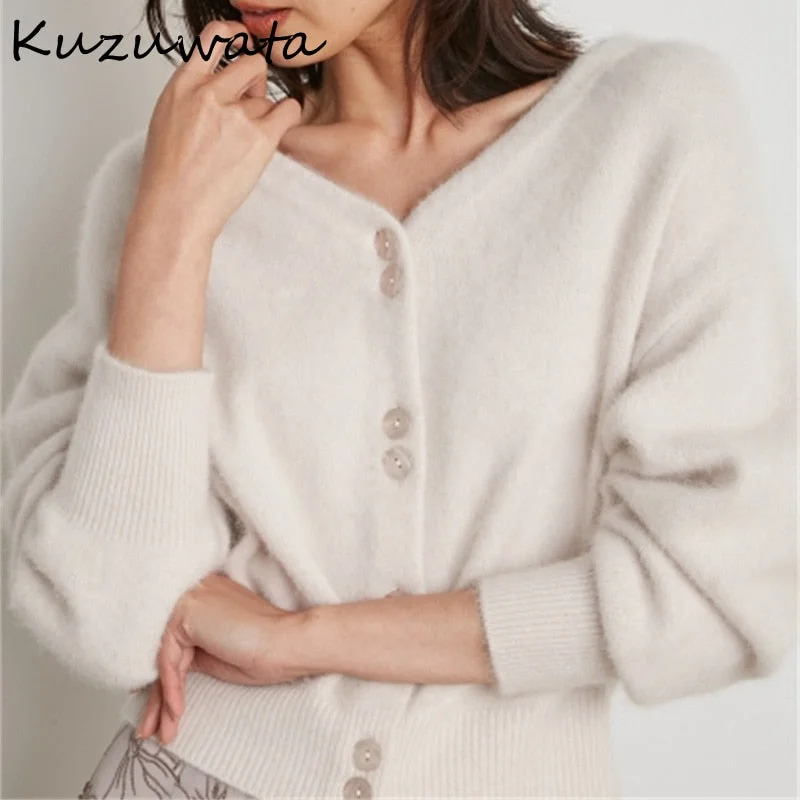 Exclusive Access Awakecrm Christmas Gift Kuzuwata  Winter New Women Sweaters Japanese Temperament Open Stitch Solid V Neck Long Sleeve Button Knitted Warm Cardigan