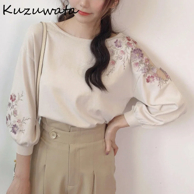 Special Promotion Awakecrm Christmas Gift Kuzuzwata Autumn New Women Knitted Pullover O Neck Embroidery Gauze Shoulder Long Sleeve Solid Jumpers Sweet Sweaters Special Promotion Awakecrm Christmas Gift Kuzuzwata Autumn New Women Knitted Pullover O Neck Embroidery Gauze Shoulder Long Sleeve Solid Jumpers Sweet Sweaters