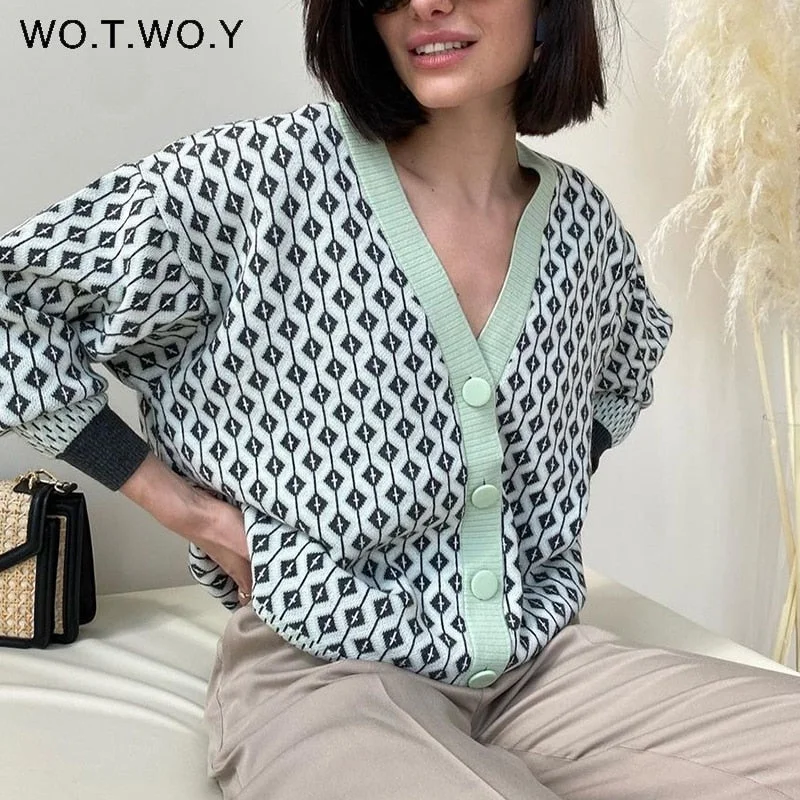 Don't Wait Awakecrm Christmas Gift WOTWOY Autumn Winter Jacquard Knitted Cardigans Women Single Breasted V-neck Vintage Sweaters Female Plaid Cropped Cardigan Don't Wait Awakecrm Christmas Gift WOTWOY Autumn Winter Jacquard Knitted Cardigans Women Single Breasted V-neck Vintage Sweaters Female Plaid Cropped Cardigan