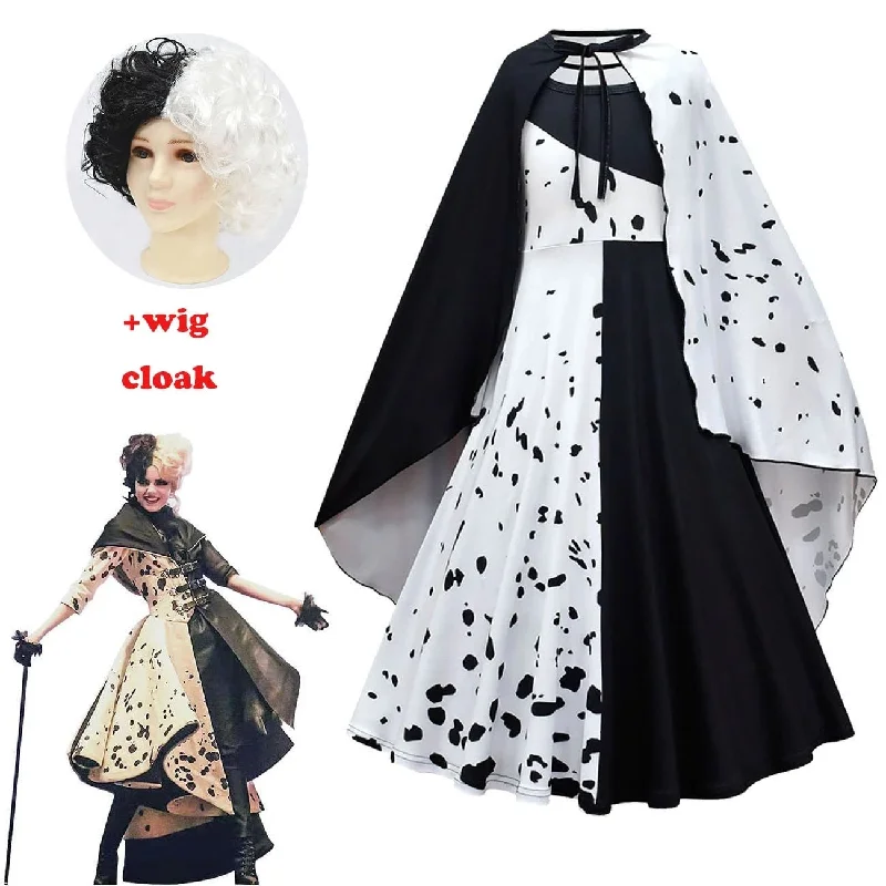 Special Savings Halloween Awakecrm Cruella De Vil Cosplay Costume Women Cruella Black White Polka Dot Gown Maid Dress Jacket Cruella Halloween Party Dress Set