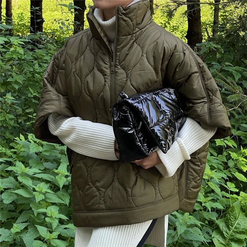 Early Bird Discount Awakecrm Merodi Grils Spring Autumn Casual Turtleneck Collar Loose Green Cloak Outwear Chic Lady Wave Thread Solid Zipper Coats