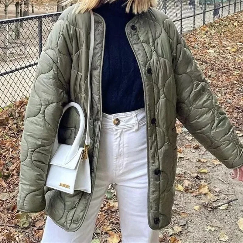 Members Only Awakecrm Merodi Womens Autumn Casual O-Neck Single Breasted Green Long Parkas Chic Lady Fashion Two Pockets Texture Loose Outwear Coats