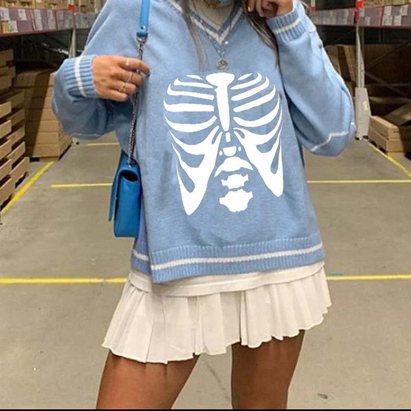 Shop and Save Awakecrm Joskaa New Autumn Sweaters E-Girls Women Knit Sweater Adults Color Block Skeleton Printed Long Sleeve V-Neck Pullovers Hot Sale Shop and Save Awakecrm Joskaa New Autumn Sweaters E-Girls Women Knit Sweater Adults Color Block Skeleton Printed Long Sleeve V-Neck Pullovers Hot Sale